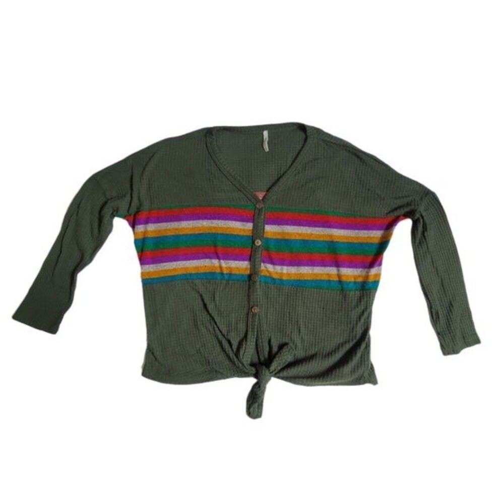 Beeson River waffle knit green / rainbow top sz M